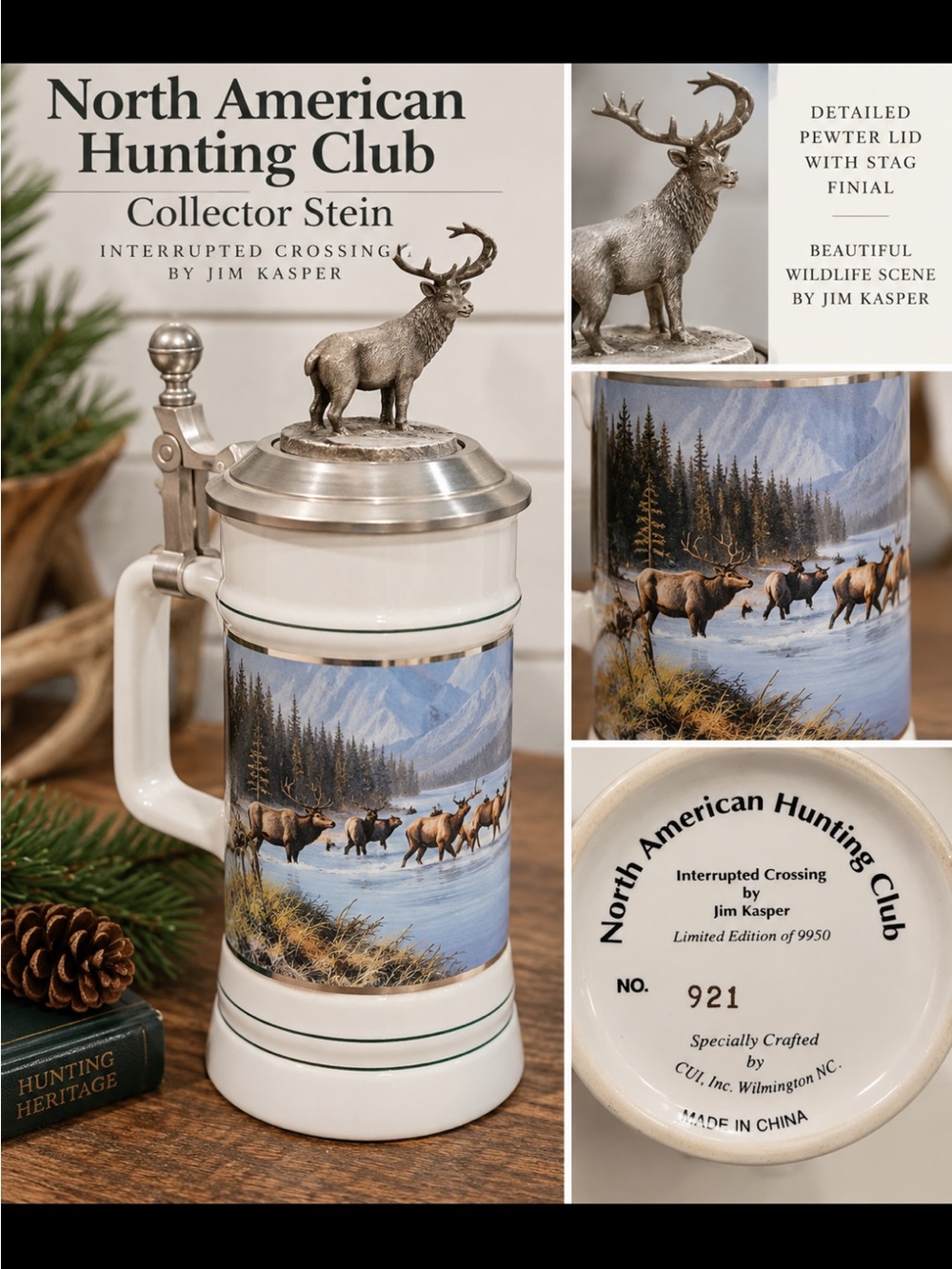 Collector Stein - White and Blue Scenic Pewter-Lid Mug